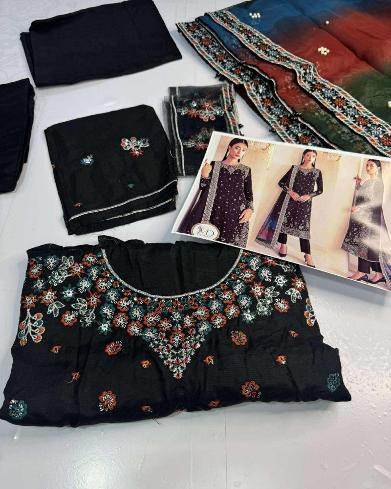 Jazmin Raw Silk Black With Multi Work