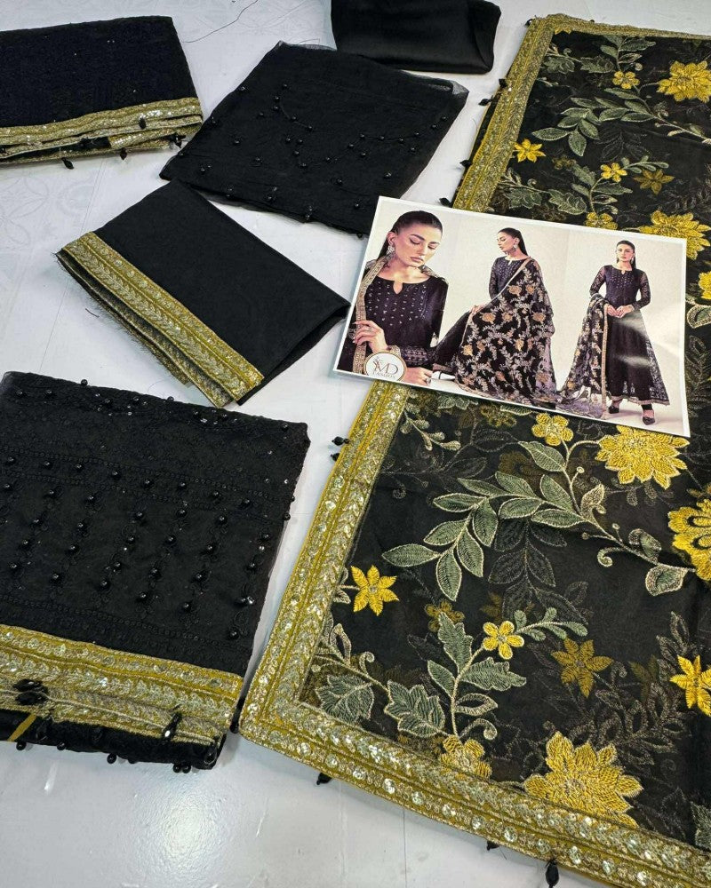 Maria B Jet Black Organza Dress With Heavy Duppata