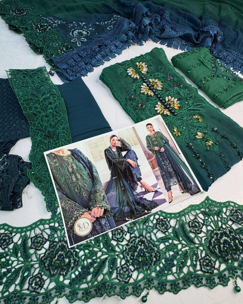 Maria B Emerald Green To Teal Pure Chiffon Suit