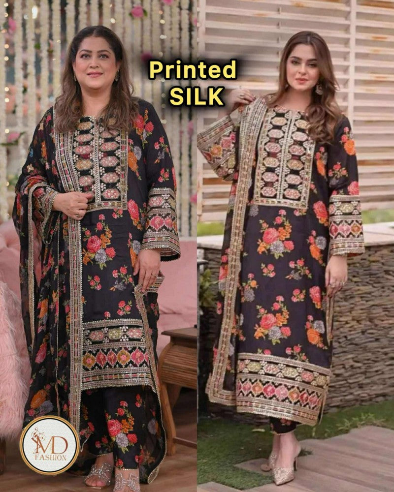 KAREENA Viral Black Printed SILK 3pcs