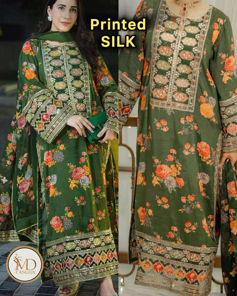 KAREENA Viral Green Printed SILK 3pcs