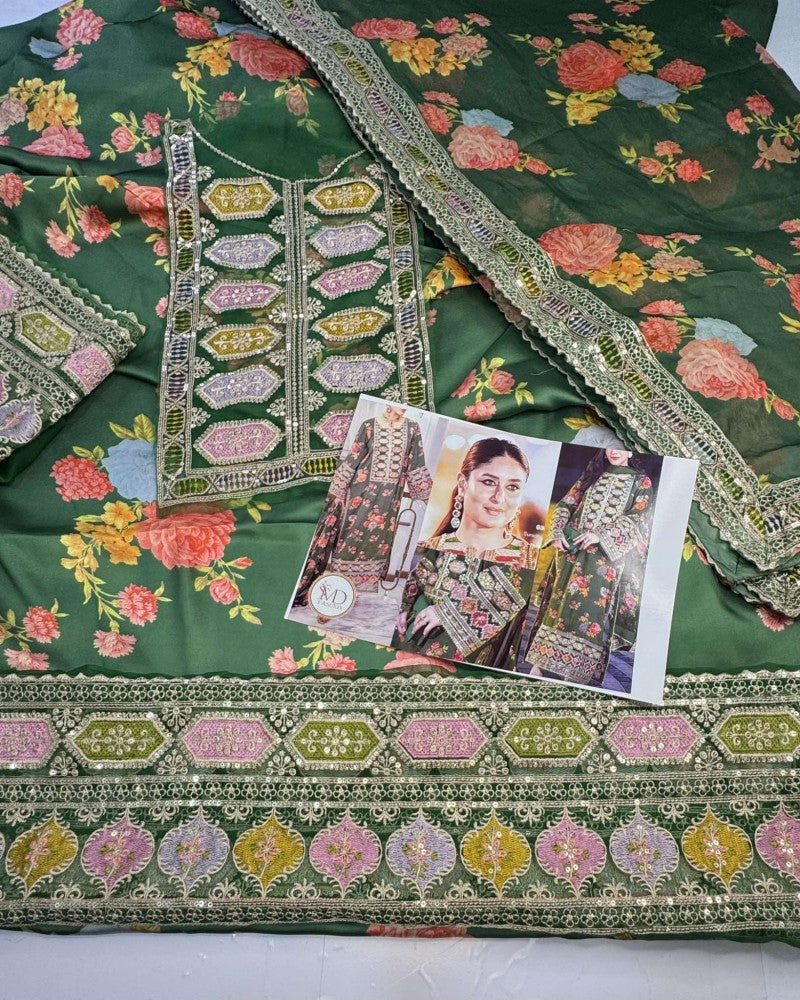 Kareena Charmeuse Silk Green Embroidered Dress