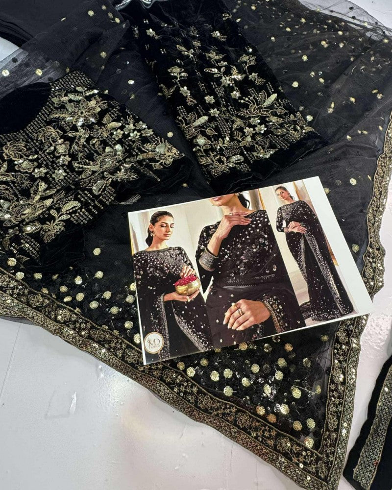 Jazmin Black Net Saree With Velvet Blouse