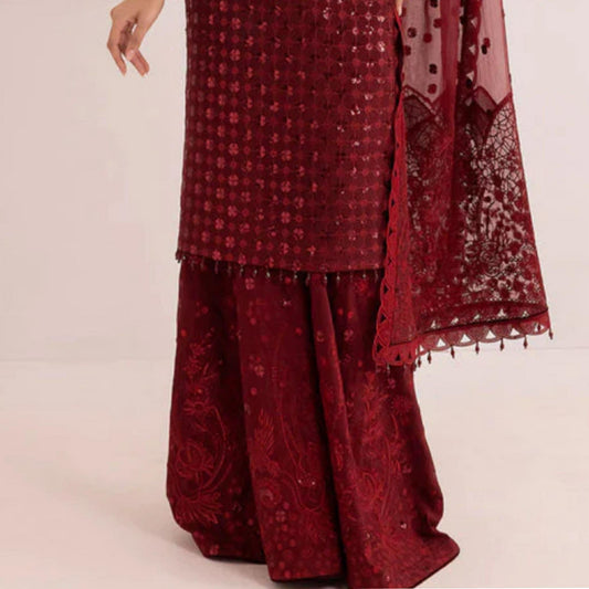 JAZMIN MAROON EMBROIDERED CHIFFON WITH RAW SILK