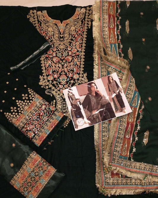 Jazmin Green Velvet dress with Multi wrok