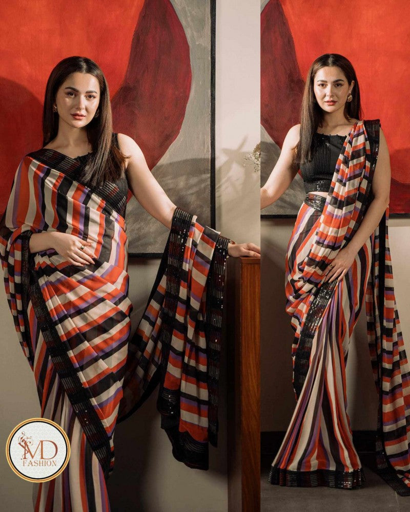 Hania Amir Stripped Printed Saree