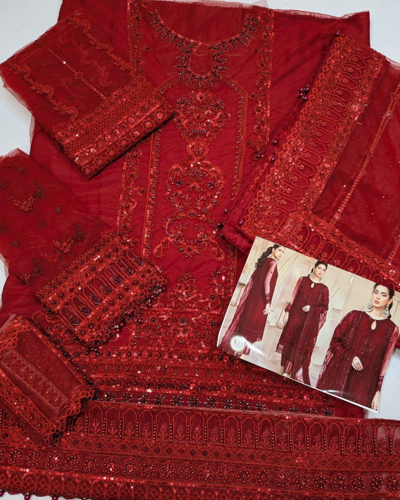 Mushq Deep Red Hand Embellished net embroidered
