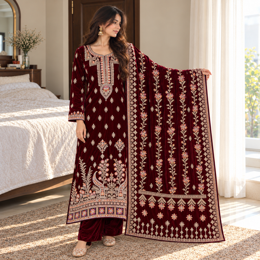 ZARQÉ Shajar Maroon Velvet Suit with Makhmal Shawl Embroidered