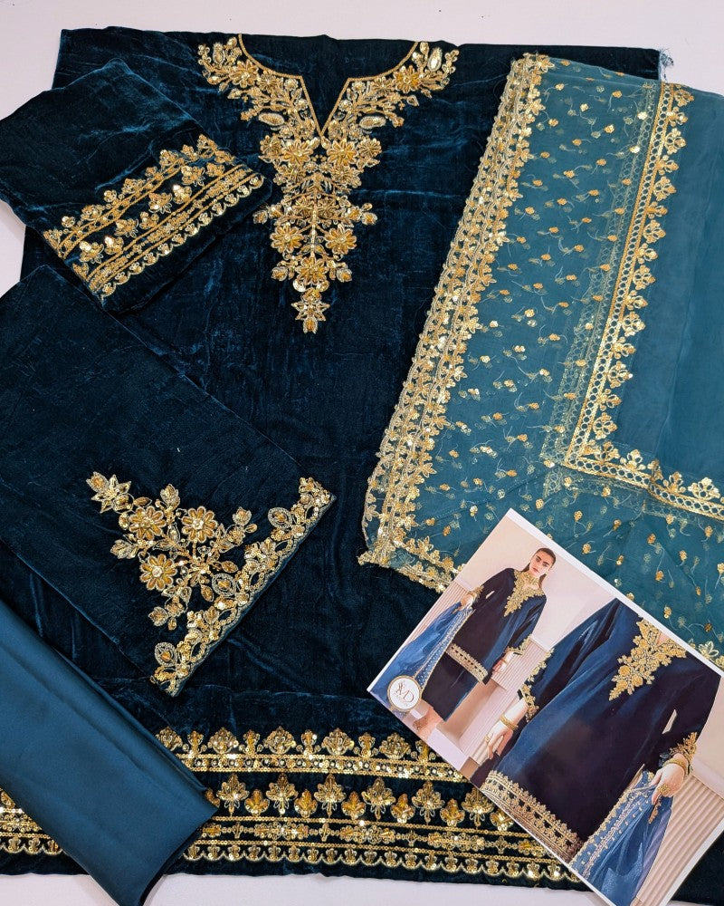 Baroque Teal Hand Embellished Velvet