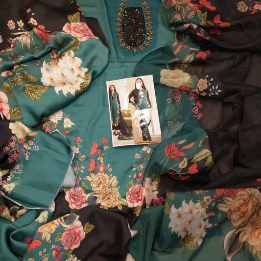 LULUSAR EMERALD HAND EMBELISHED CHARMEUSE SILK 3PC