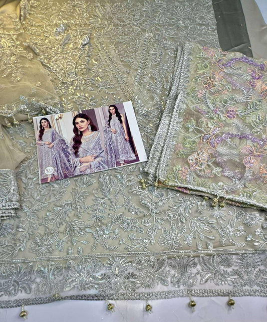 Zareef Gray Party wear embriodered net dress