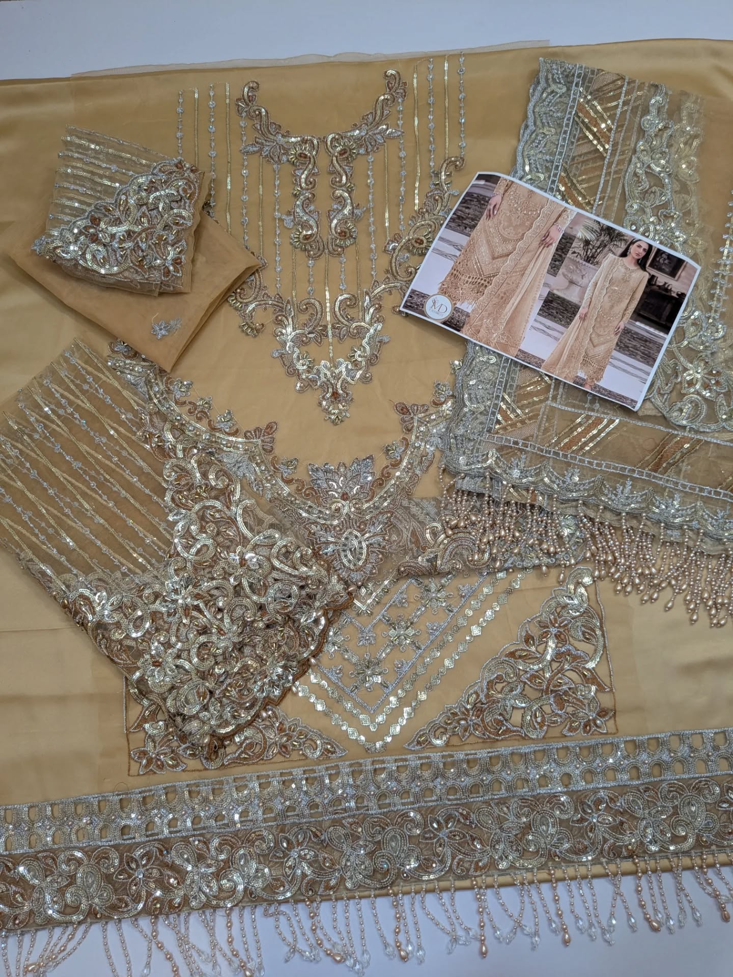 Maria B Premium Quality Golden Tassels Net Dress