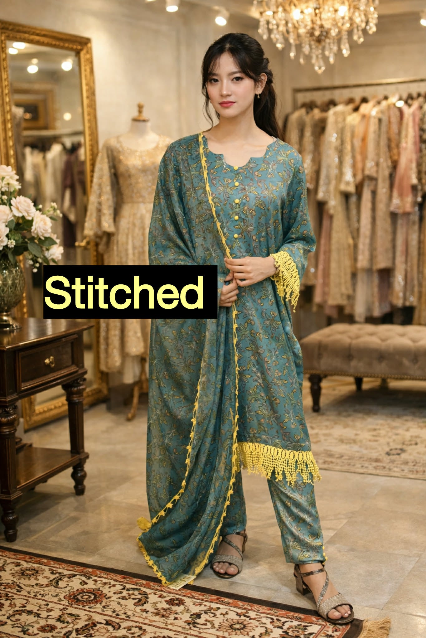 GREY CHARMOUSE SILK STITCHED 3PCS DRESS
