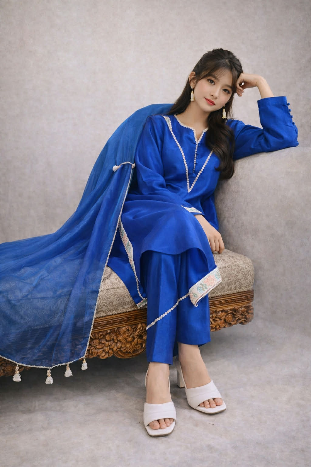 BLUE RAW SILK STITCHED 3PCS DRESS
