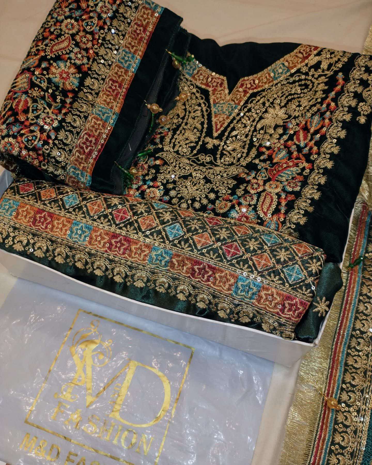 Jazmin Green Velvet dress with Multi wrok