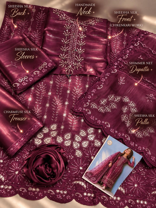SLEEK Deep Plum Sheesha Silk Chikankari Cutwork Dress