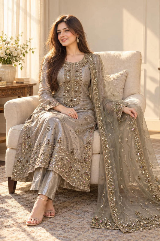 SLEEK Champagne Taupe Sheesha Silk Hand Embellished Dress