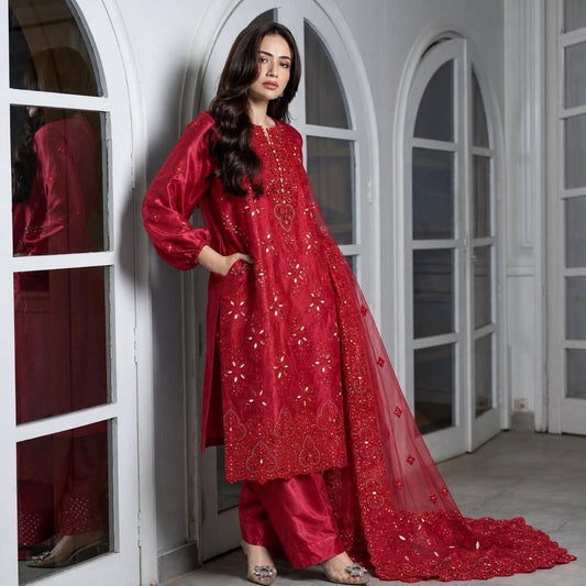 SLEEK Ruby Red Sheesha Silk Chikankari Cutwork Dress