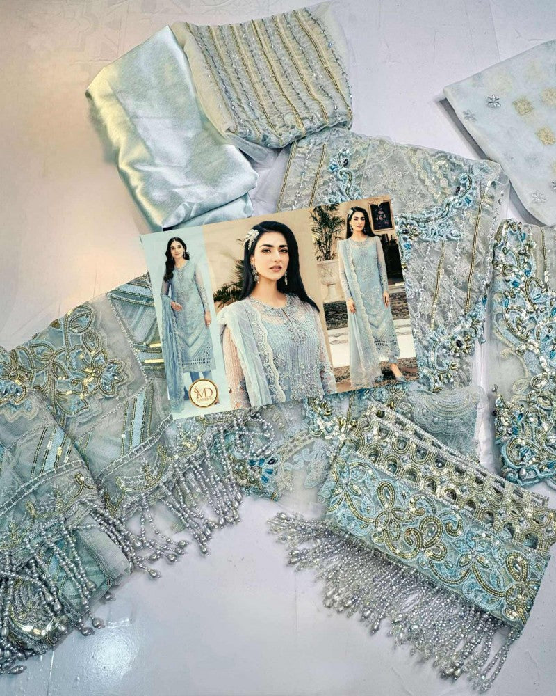 Maria B Premium Quality Ice Blue Tassels Net Dress