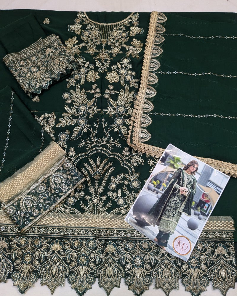 Gulal Dark Green Chiffon Embroidered Dress