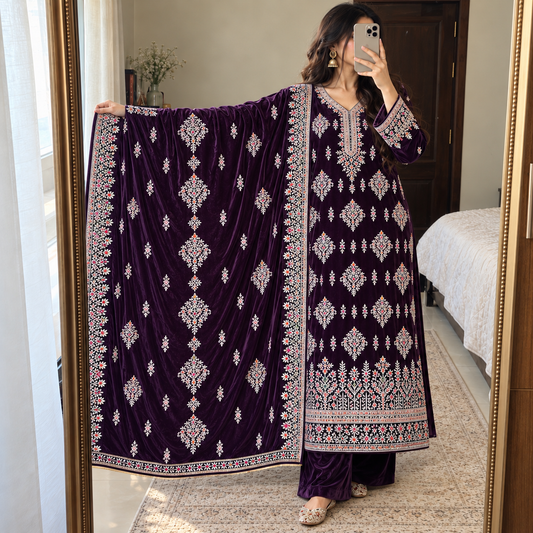 ZARQÉ HeerNaqsh Plum Velvet Suit with Makhmal Shawl Embroidered