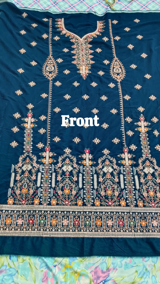 Neelam Teal Sapphire Embroidered Velvet Suit with Velvet Shawl 3 Piece