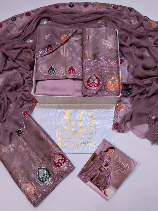 Mauve Damask Silk unstitched suit with embroidered pure chiffon dupatta by SLEEK