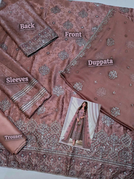 Full display of Metallic Rose Damask Silk unstitched suit with chiffon dupatta laid on table