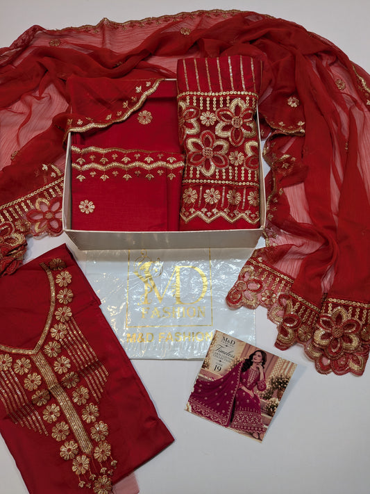 TIMELESS 19 PURE RED LAWN COTTON WITH CHIFFON DUPPATA