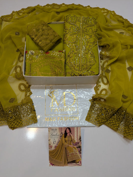 TIMELESS 17 OLIVE LIME LAWN COTTON WITH CHIFFON DUPPATA