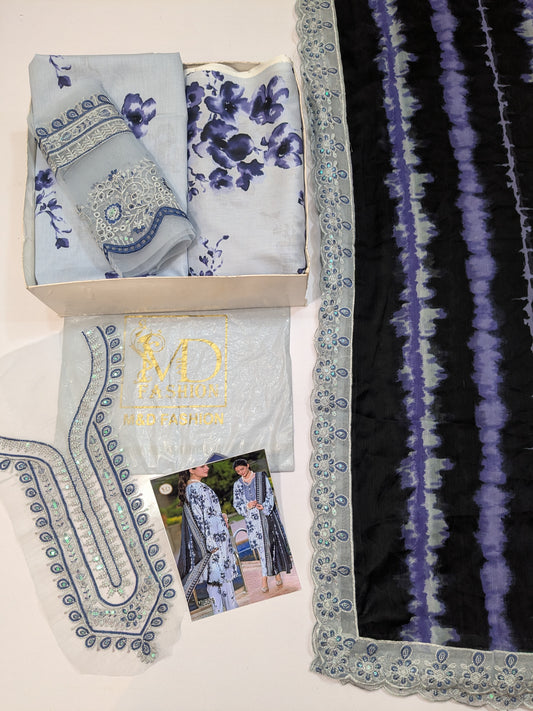 ANEELAS BLUE WHITE PRINTED EMBROIDERED LAWN 3PS