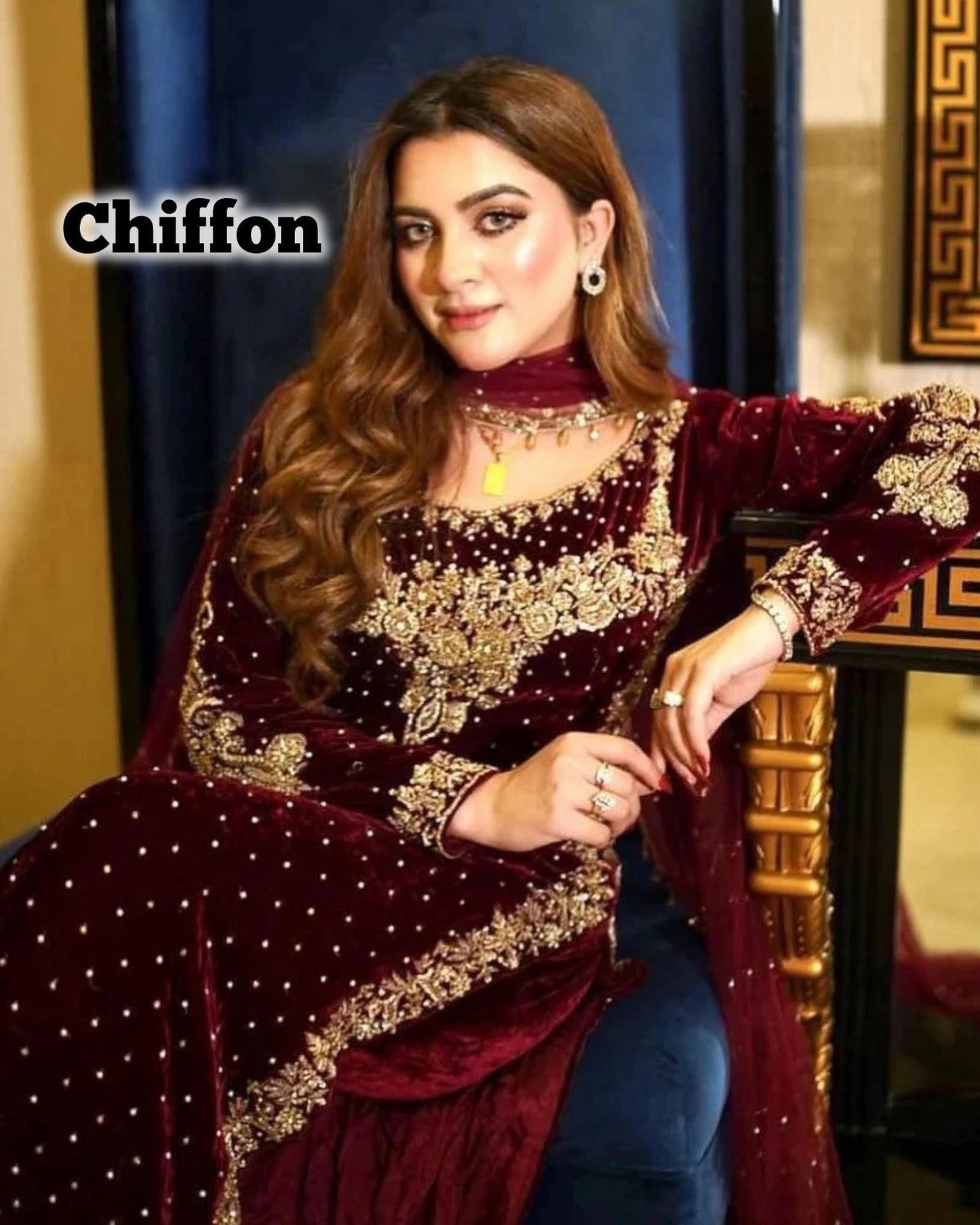 SULTAN MAROON CHIFFON EMBROIDERED DRESS