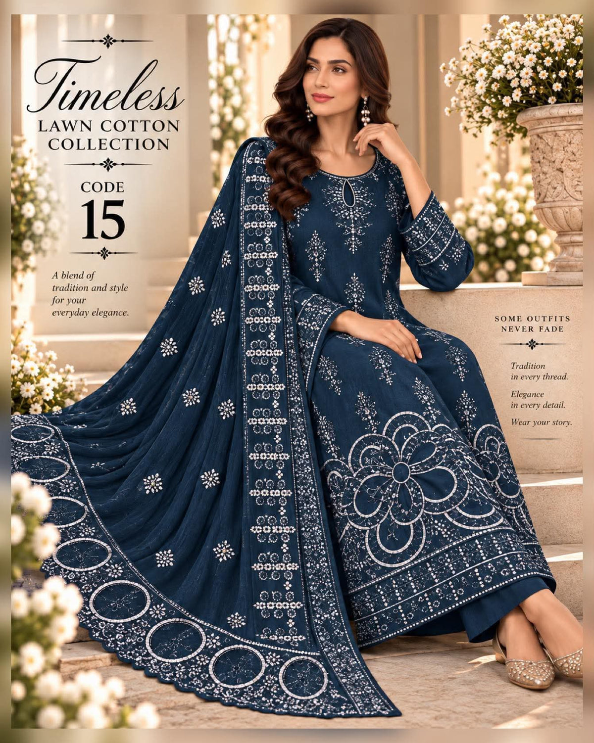 TIMELESS 15 INK BLUE LAWN COTTON WITH CHIFFON DUPPATA