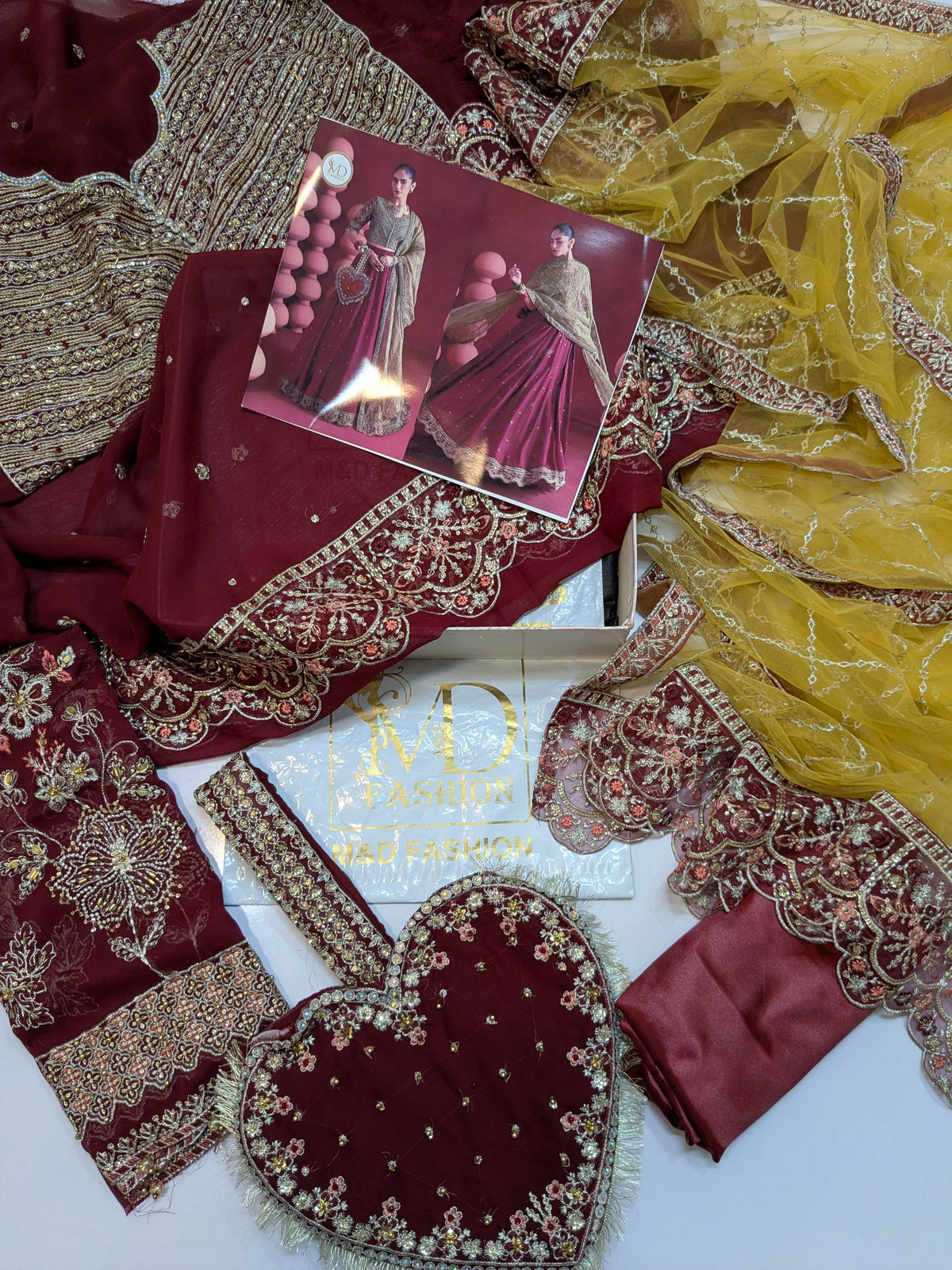 MARIA B INSPIRED LUXURIOUS MAROON FORMAL WEAR WITH HEART CLUTCH