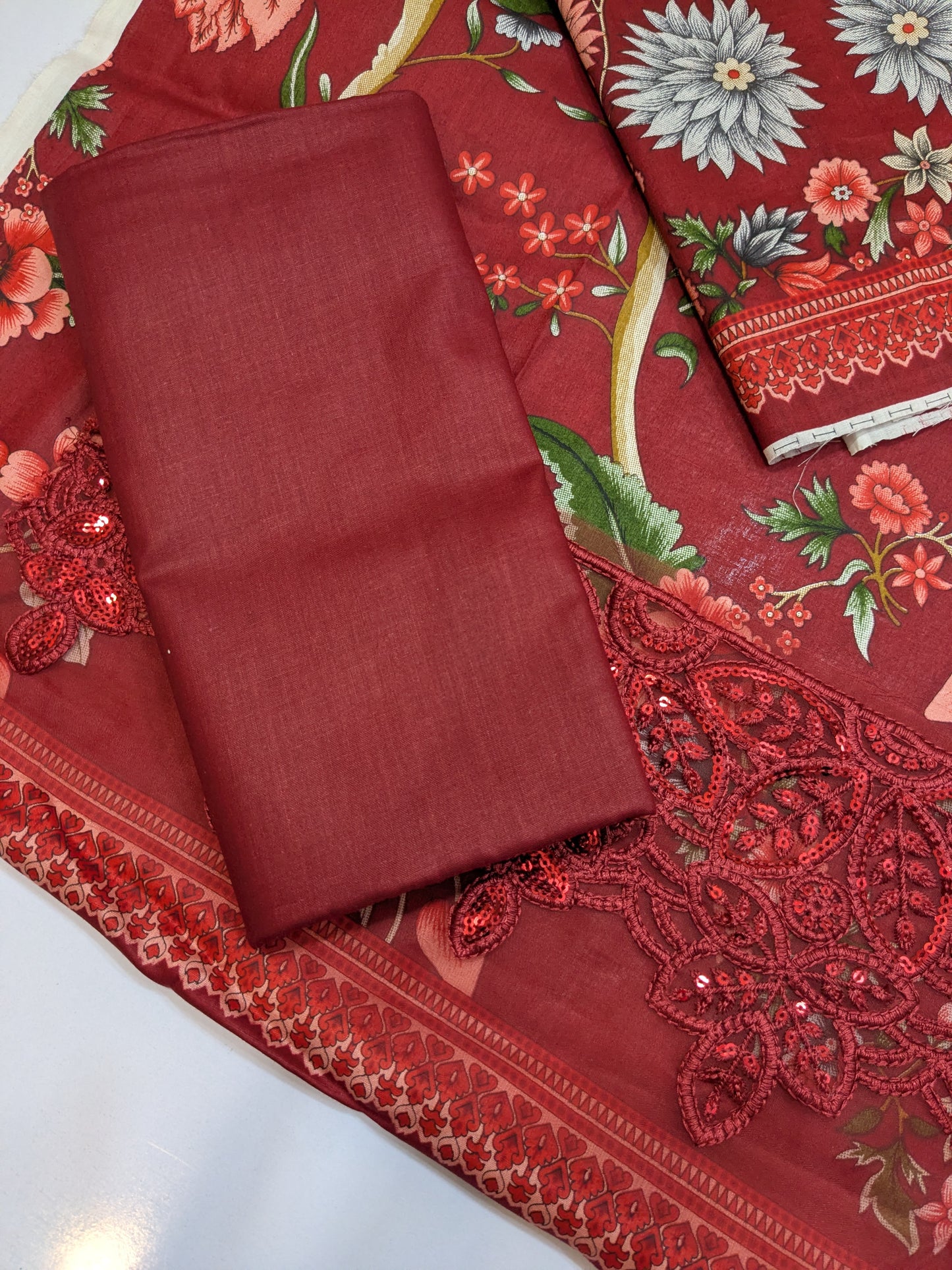 MARIA B MAROON 27A LAWN DRESS WITH READY CHIFFON DUPPATA