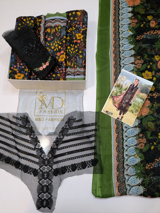 MARIA B LAWN BLACK CHIKENKARI PRINTED EMBROIDERED