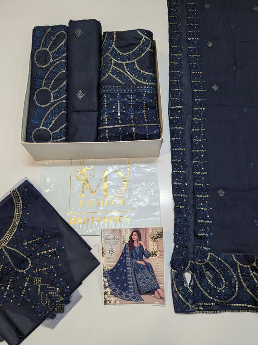 TIMELESS 15 INK BLUE LAWN COTTON WITH CHIFFON DUPPATA