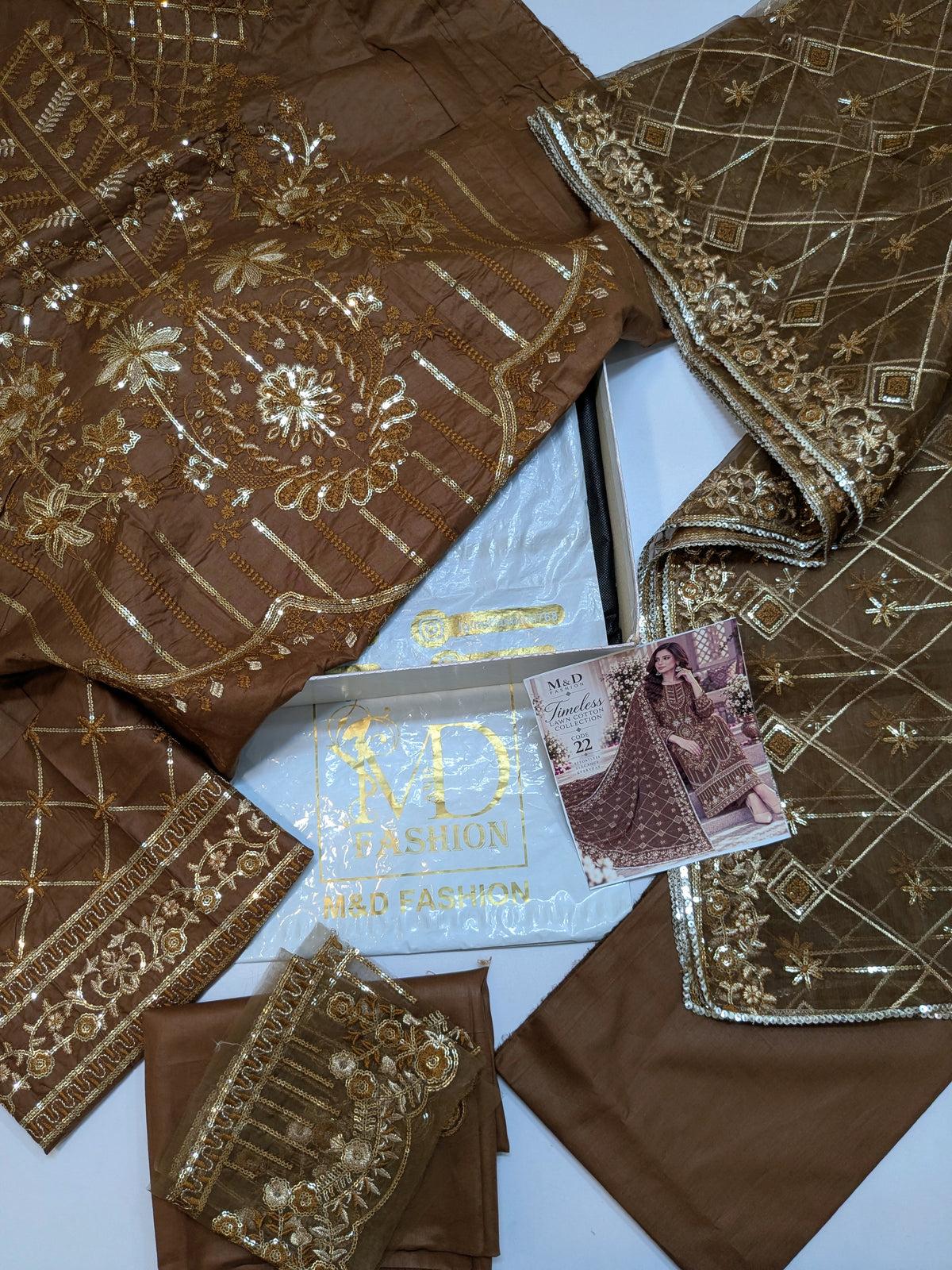 TIMELESS 21 BROWN LAWN COTTON WITH ORGANZA DUPPATA
