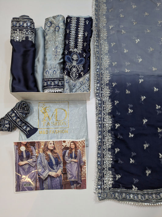 ANEELA GREY BLUE SILK EMBROIDERED