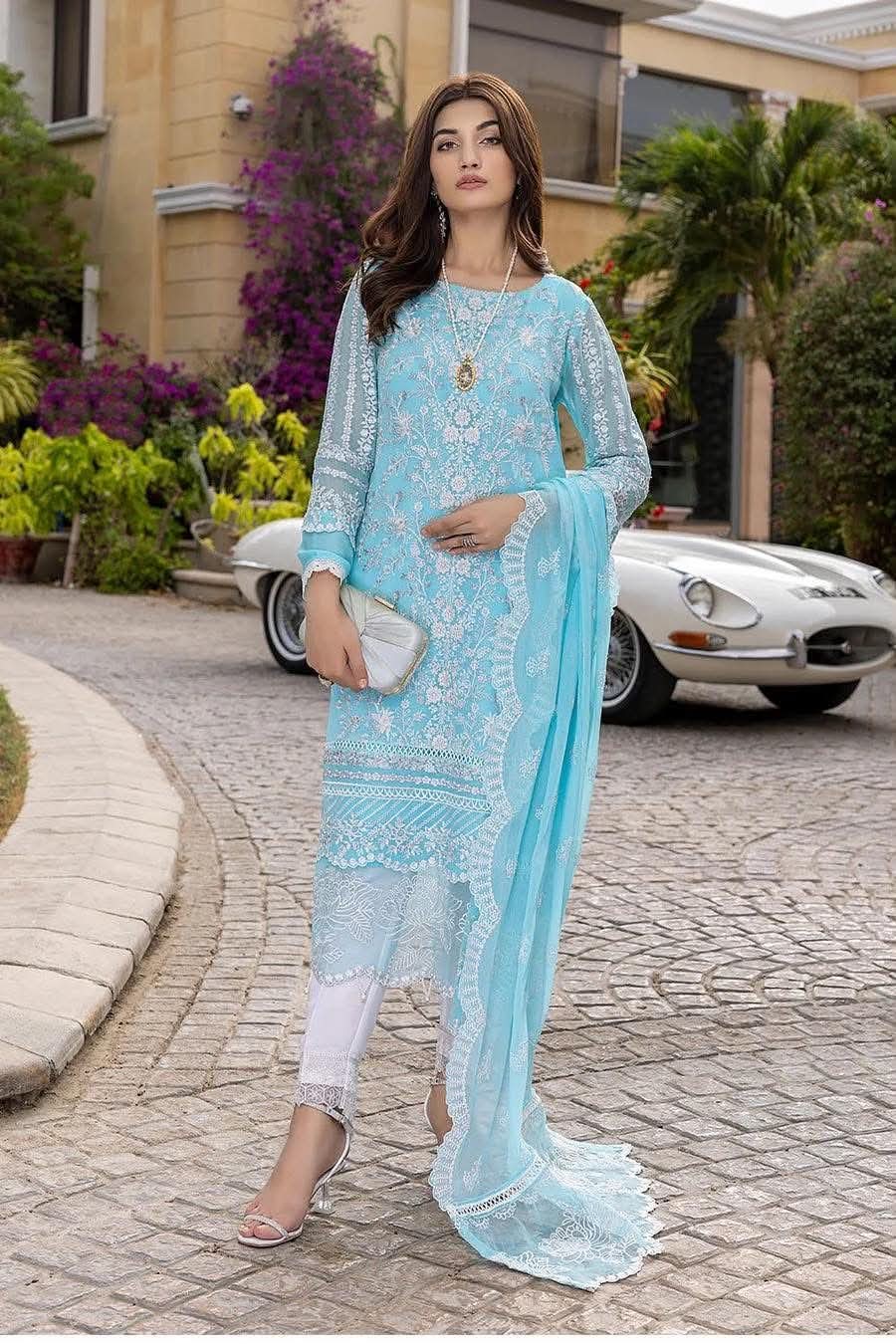 AZURE SKY BLUE ORGANZA EMBROIDERED DRESS
