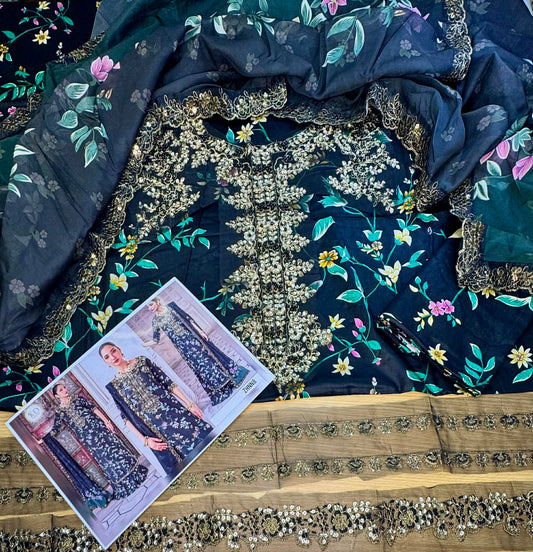 IZNIK BLACK HANDWORK LAWN WITH SILK DUPPATA