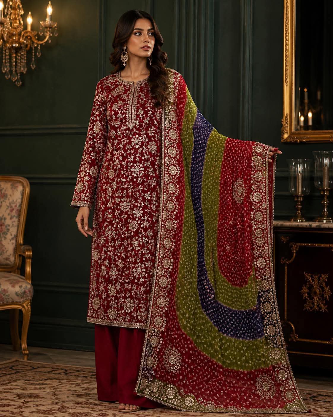HANDMADE GOTA WORK REDISH MAROON CHIFFON