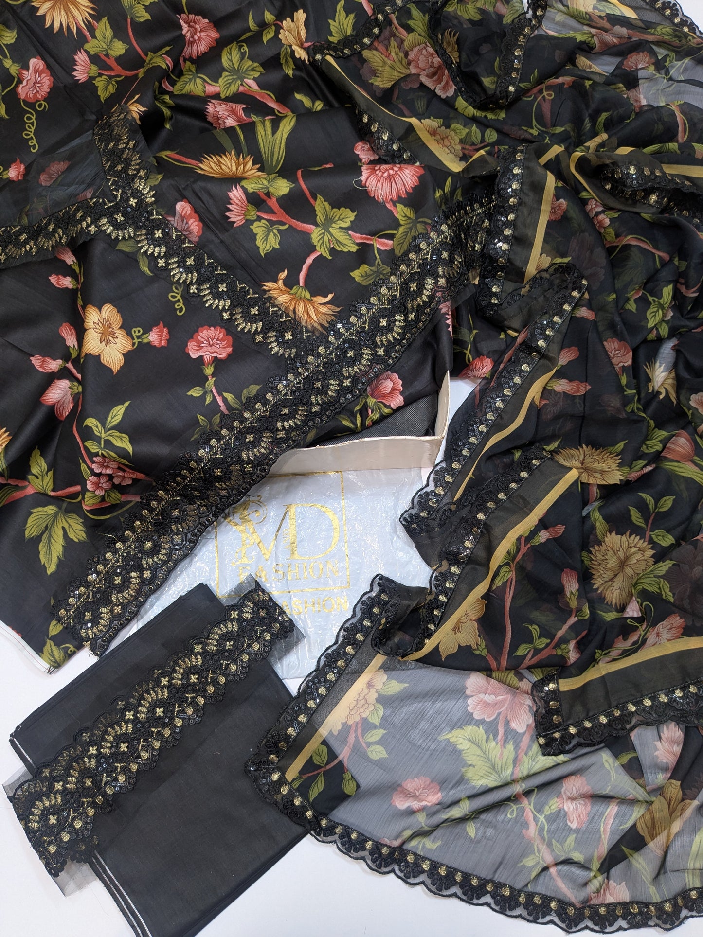 NUREH GARDENIA BLACK LAWN PRINTED EMBROIDERED