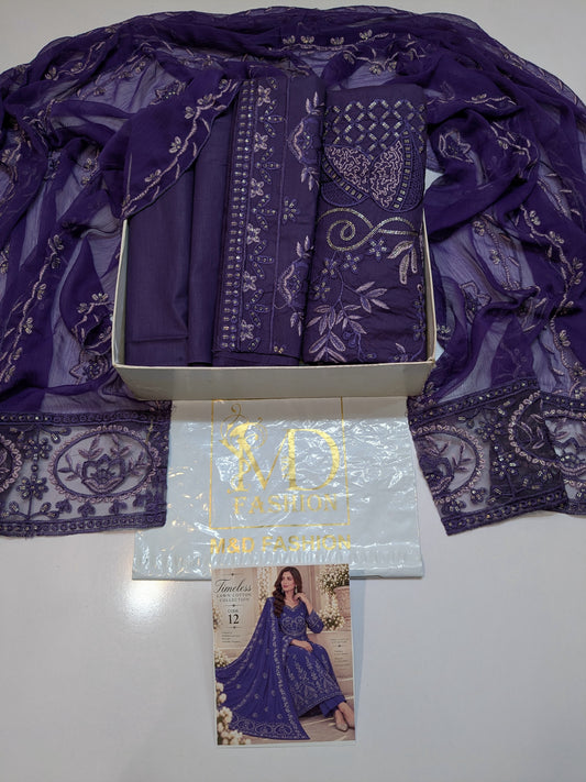 TIMELESS 12 DEEP PURPLE LAWN COTTON WITH CHIFFON DUPPATA