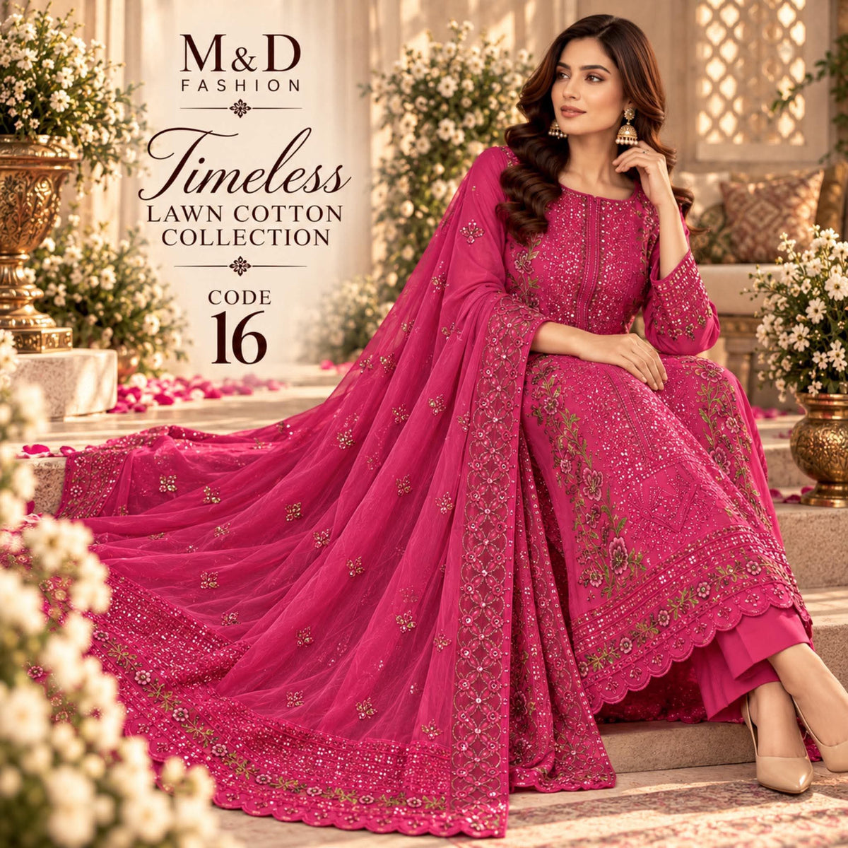 TIMELESS 16 FUCHSIA PINK LAWN COTTON WITH CHIFFON DUPPATA