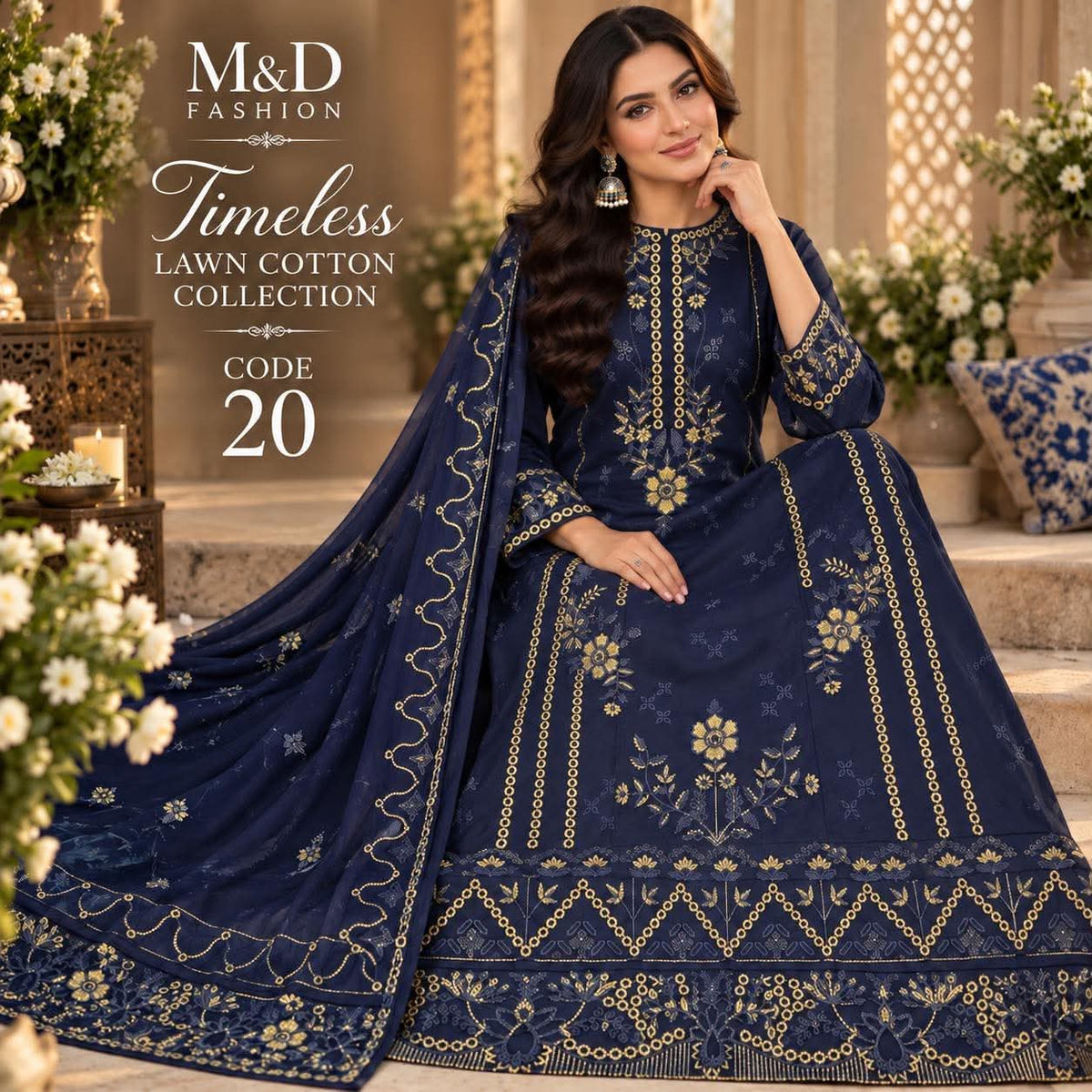 TIMELESS 20 MIDNIGHT NAVY LAWN COTTON WITH CHIFFON DUPPATA