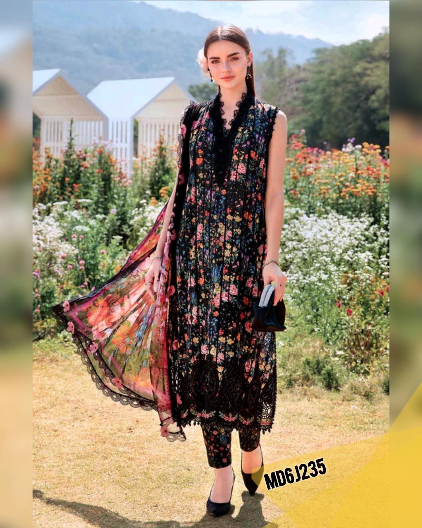 MARIA B LAWN BLACK CHIKENKARI PRINTED EMBROIDERED