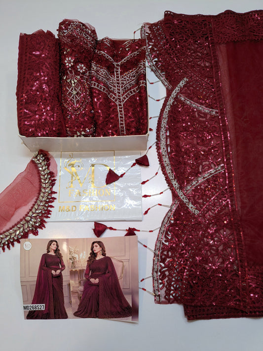 MARIA B INSPIRED MAROON NET SAREE