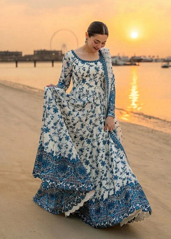 FAIZA SAQLAIN JEHONA KALIDAR BLUE WHITE HEAVY EMBROIDERED