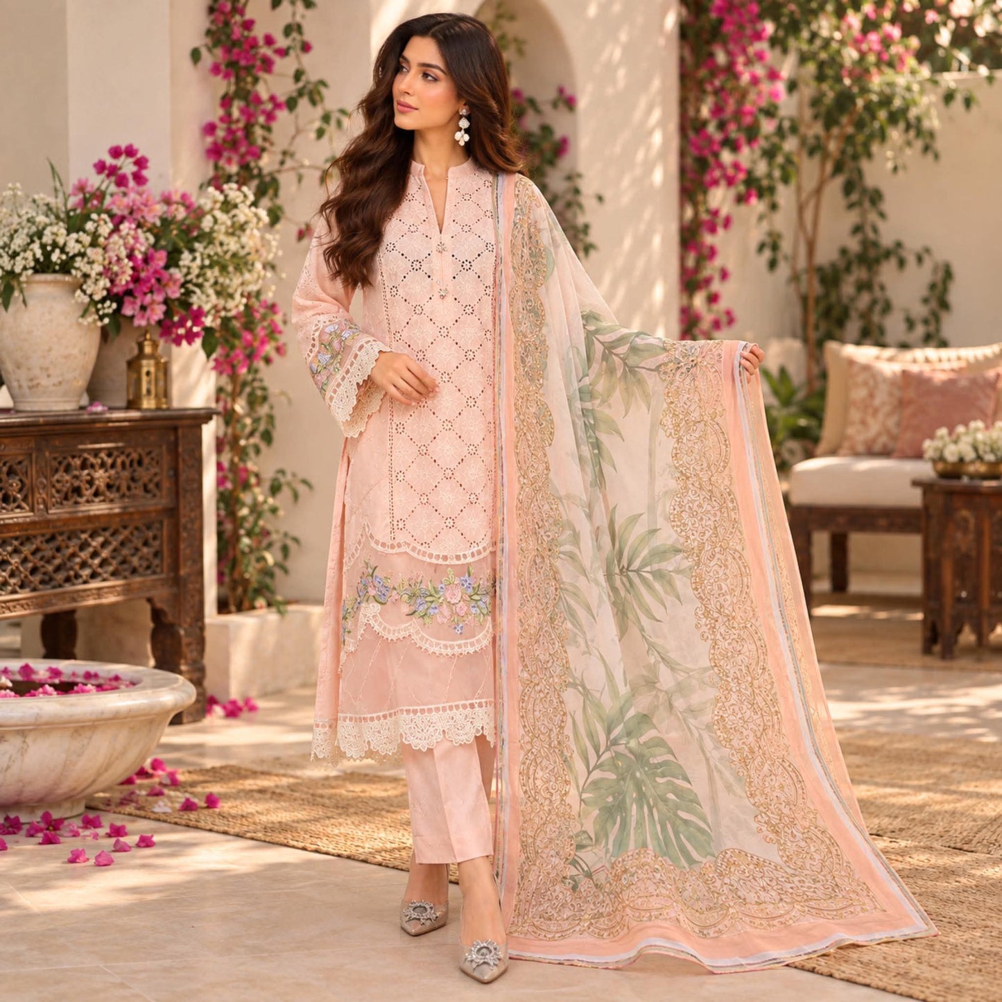 MARIA B INSPIRED PEACH CHIKENKARI LAWN WITH SILK DUPPATA